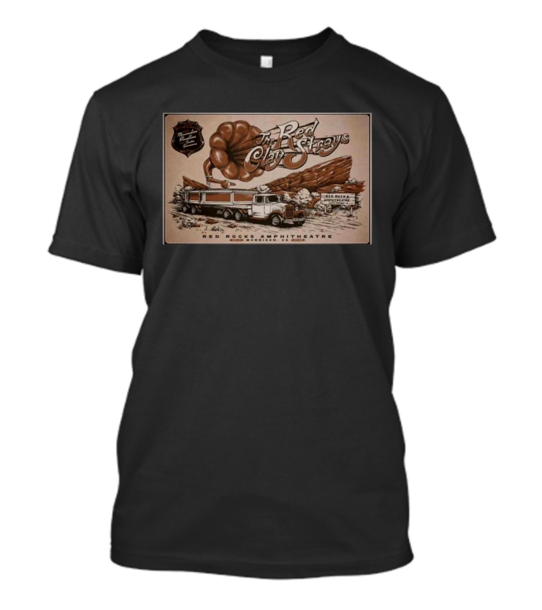 The Red Clay Strays Live At Red Rocks Amphitheatre Morrison CO Sep 14 2025 Vintage Truck And Scenic Rock Formation T-Shirt