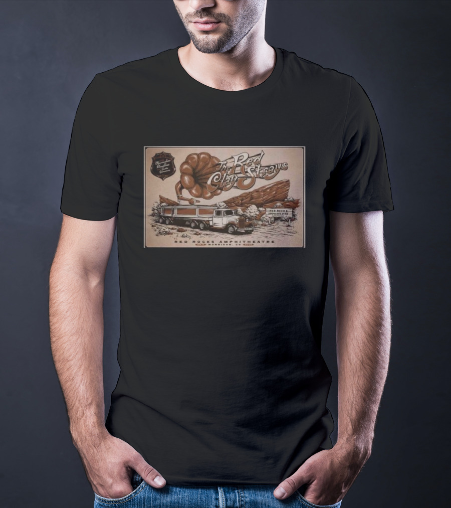 The Red Clay Strays Live At Red Rocks Amphitheatre Morrison CO Sep 14 2025 Vintage Truck And Scenic Rock Formation T-Shirt