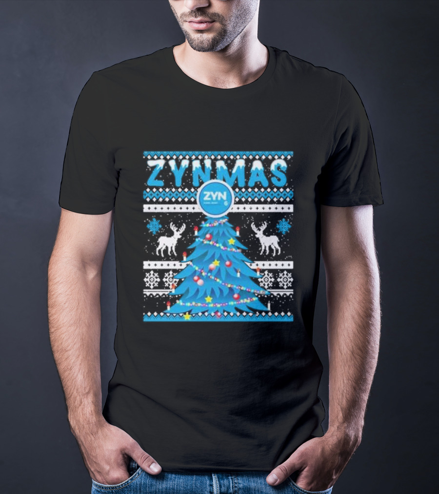 Zynmas ZYN Blue Christmas Tree Reindeer Pattern Snowflakes T-Shirt