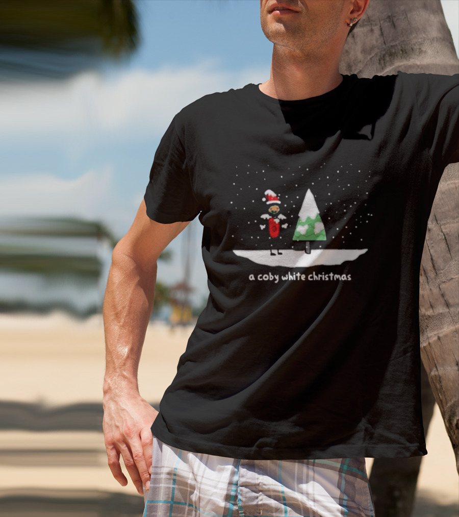 A Coby White Christmas Snowy Cartoon Scene With Santa Hat And Tree T-Shirt