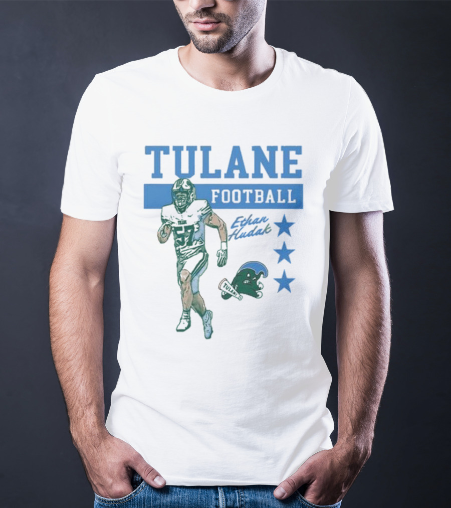 Tulane Football Ethan Hudak Player Graphic And Wave Stars T-Shirt