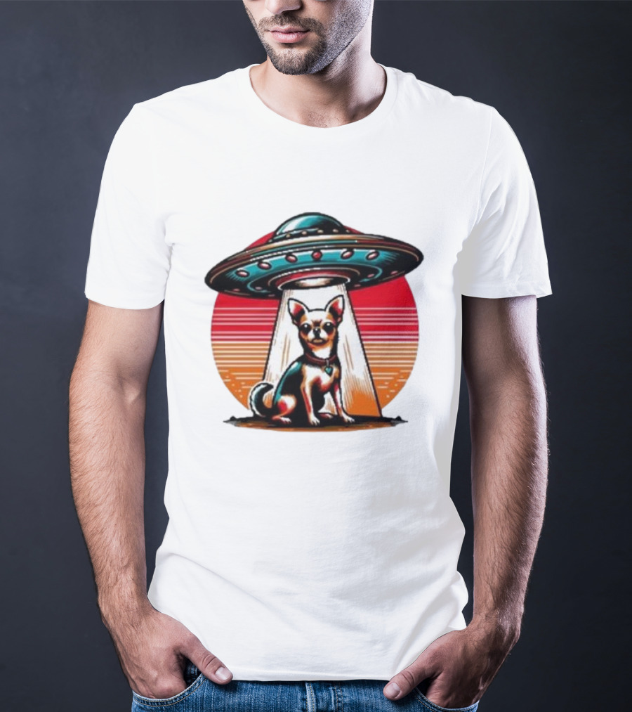UFO Chihuahua Funny Alien Encounter Retro Sunset T-Shirt