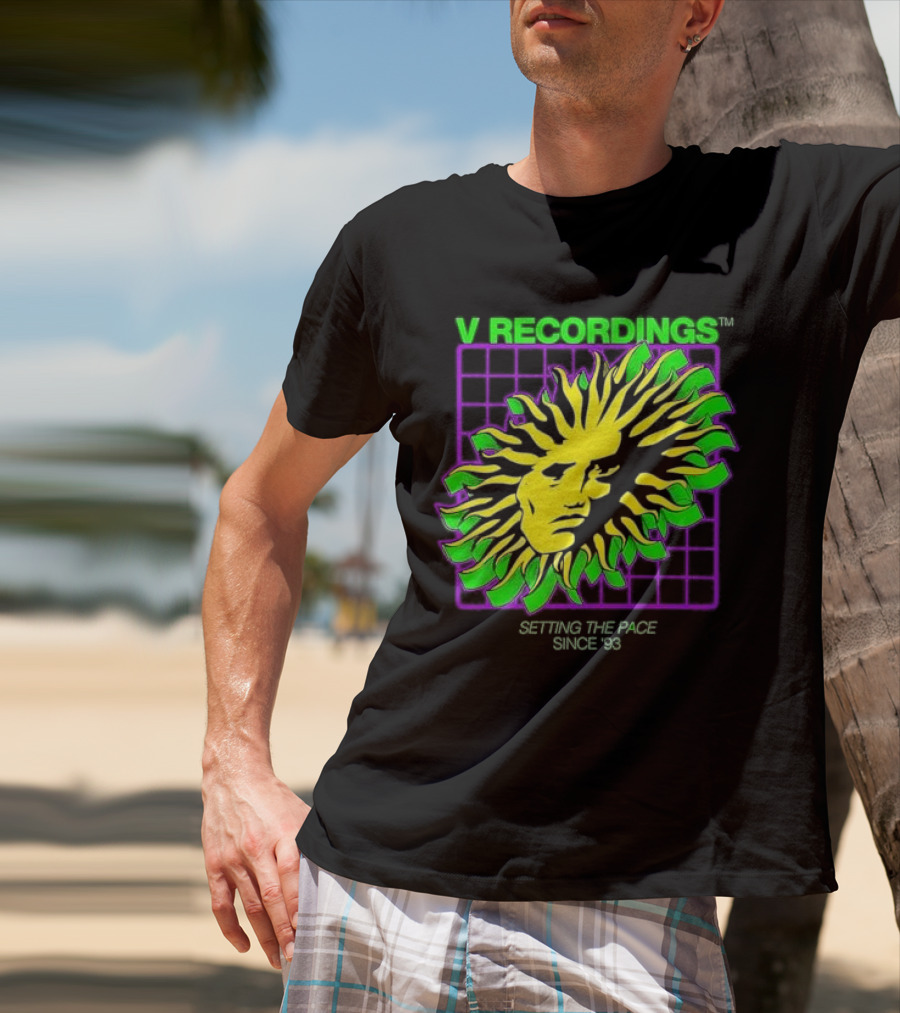 V Recordings Setting The Pace Since 93 Sunburst Face Retro Grid T-Shirt