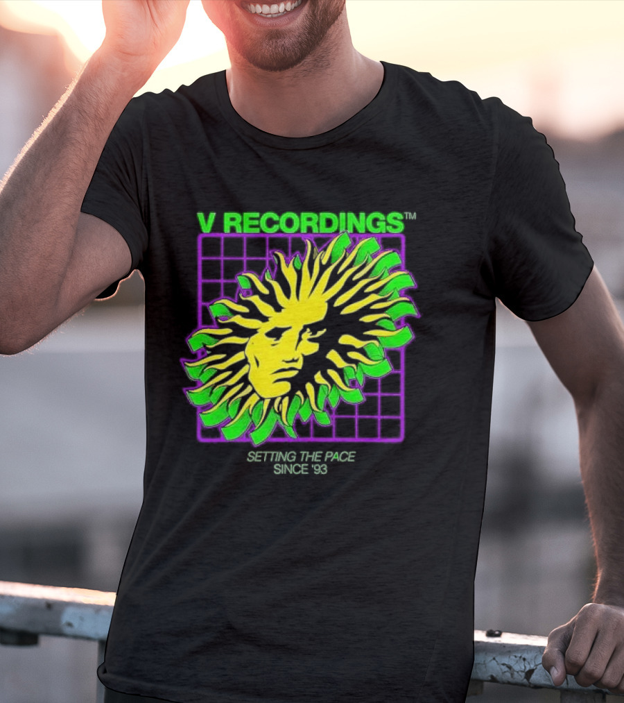 V Recordings Setting The Pace Since 93 Sunburst Face Retro Grid T-Shirt