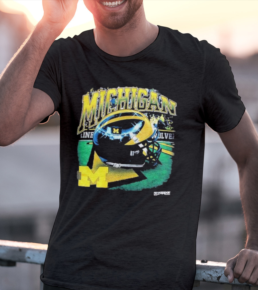 Michigan Wolverines Vintage Arch Shiny Football Helmet NCAA T-Shirt