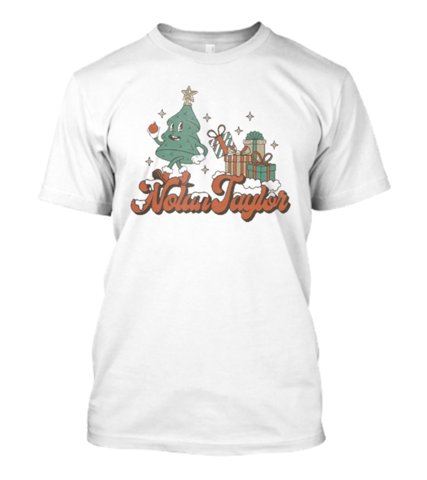 Nolan Taylor Festive Christmas Tree With Gifts And Snowy Stars T-Shirt