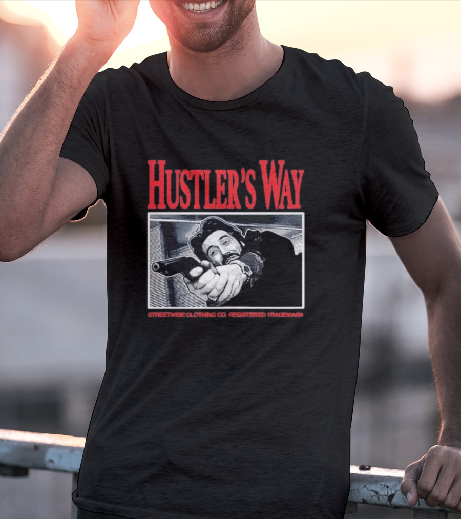 Hustler's Way Streetwise Clothing Co Registered Trademark Gunman Scene T-Shirt