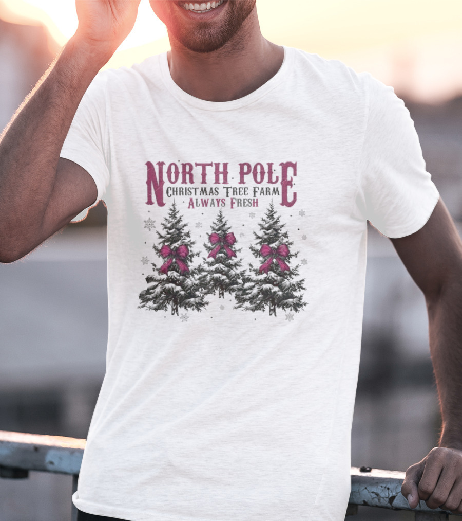 North Pole Christmas Tree Farm Always Fresh Snowy Trees With Red Bows T-Shirt
