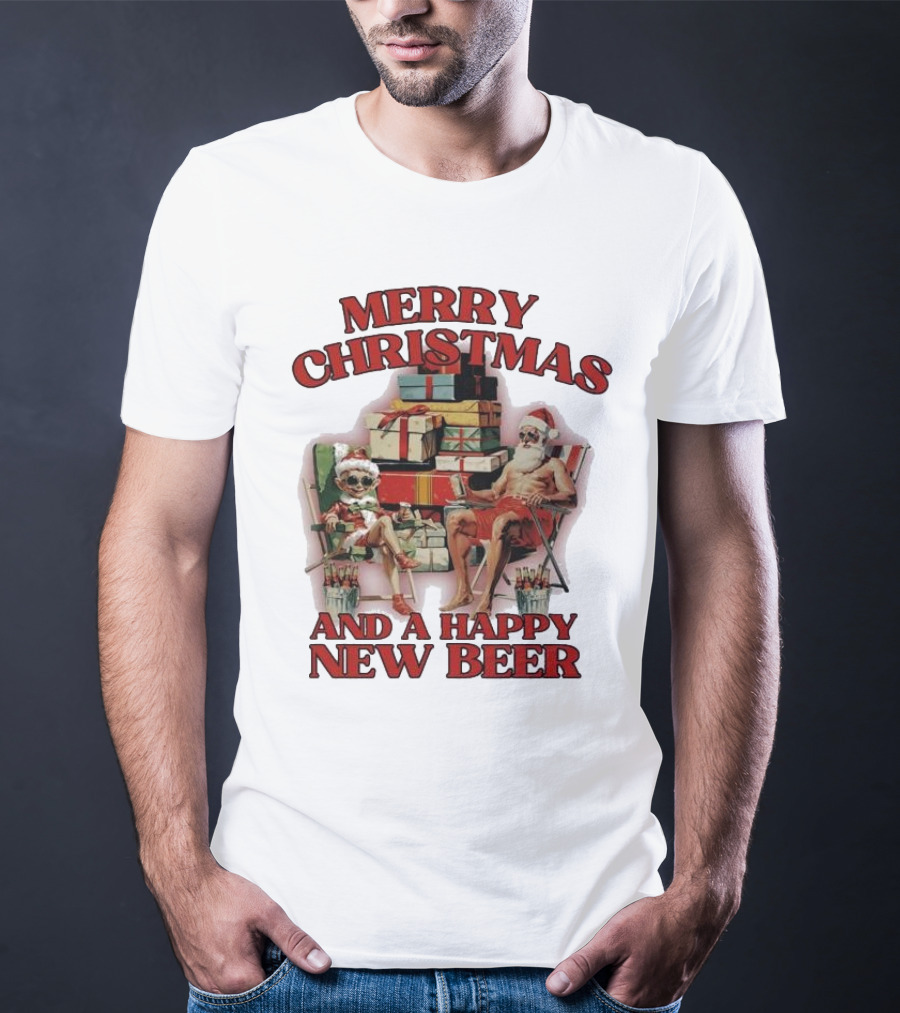 Merry Christmas And A Happy New Beer Skeleton Santa And Elf With Gifts T-Shirt