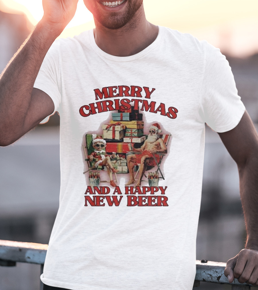 Merry Christmas And A Happy New Beer Skeleton Santa And Elf With Gifts T-Shirt
