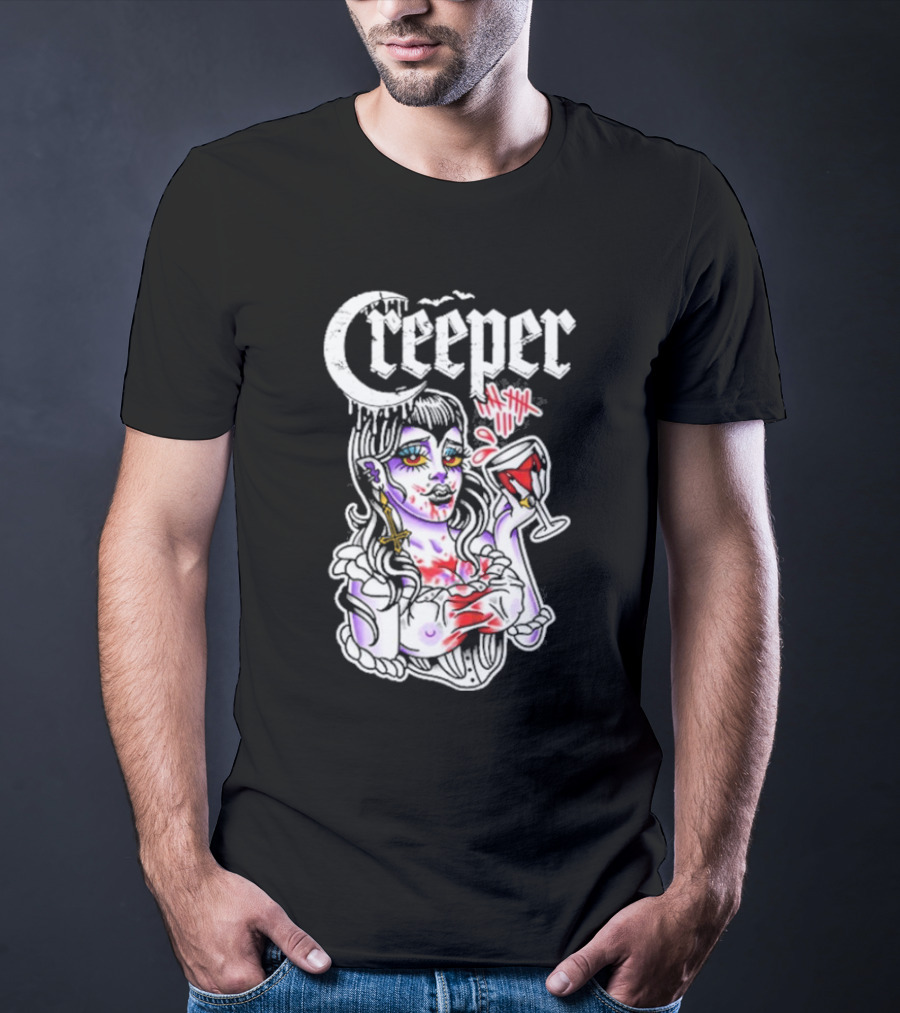 Creeper Vampire Lady With Wine Glass And Blood Splatter T-Shirt