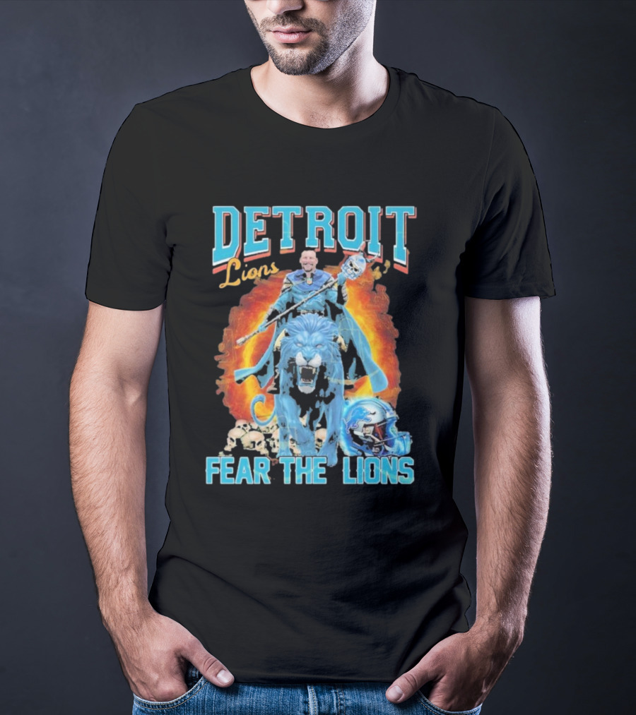 Detroit Lions Fear The Lions Blue Flame Warrior Helmets Skulls T-Shirt