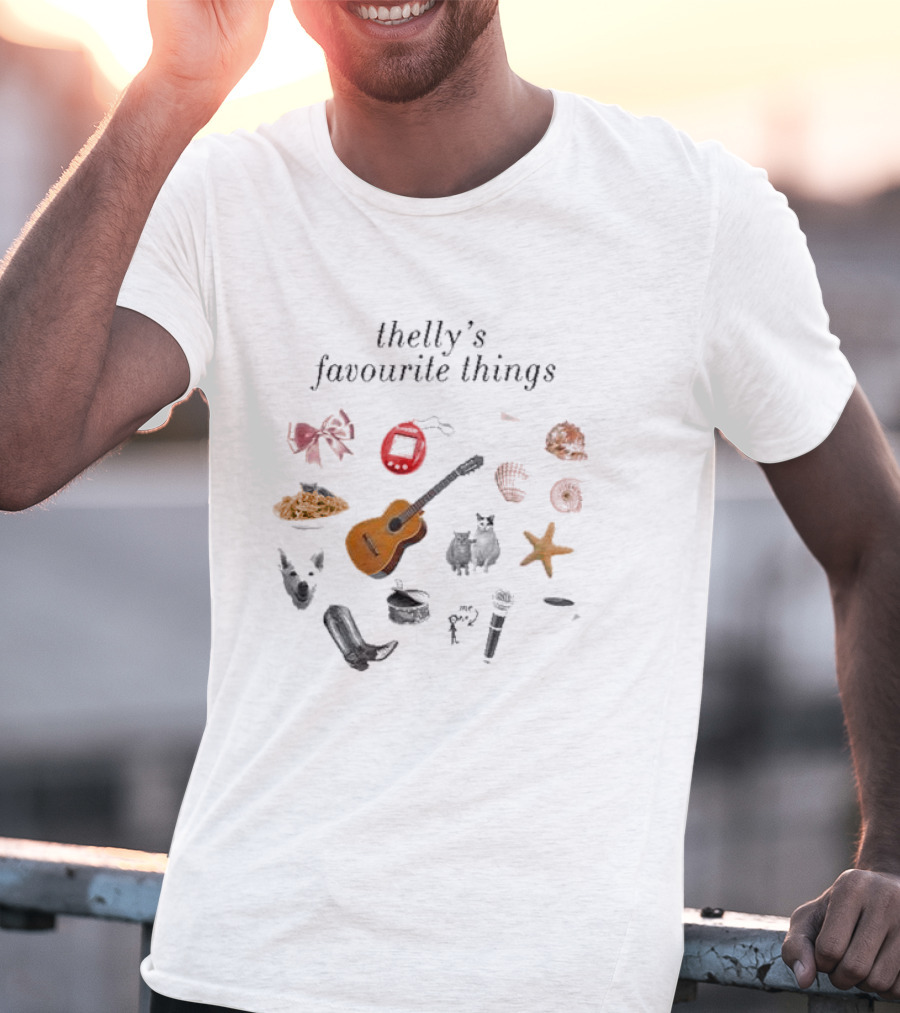 Thelly's Favourite Things Guitar Animals Microphone Starfish Shells Cowboy Boot Bow Pasta Tamagotchi T-Shirt