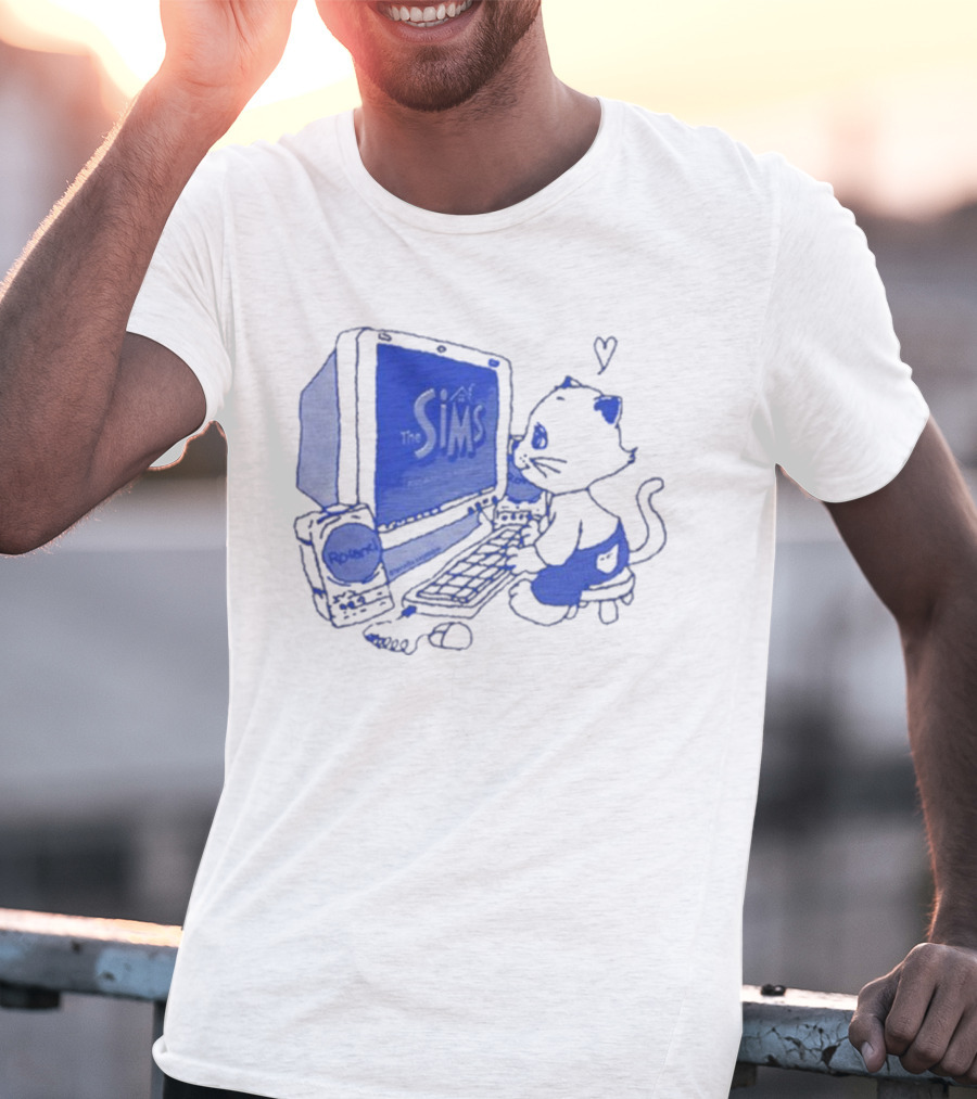 The Sims Loading Screen Cat Computer 90s Nostalgia Blue Graphics T-Shirt