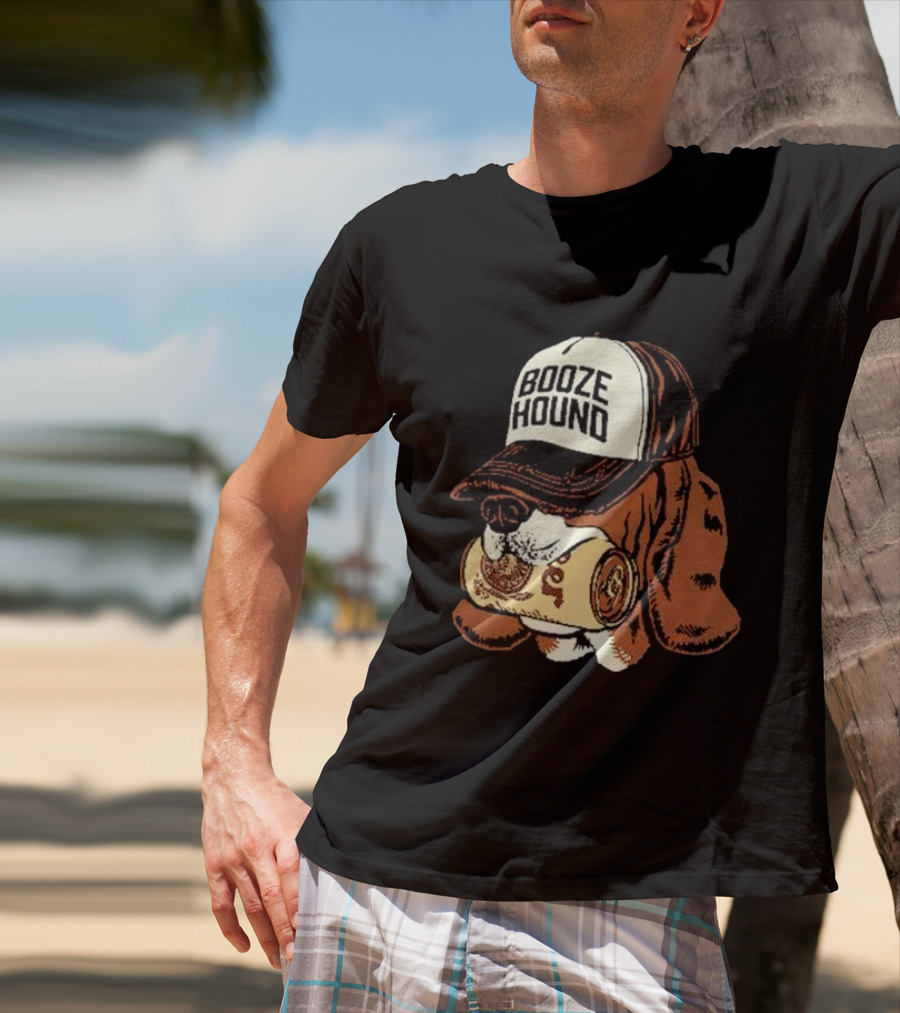 Booze Hound Dog Wearing Cap Holding Beer Can T-Shirt