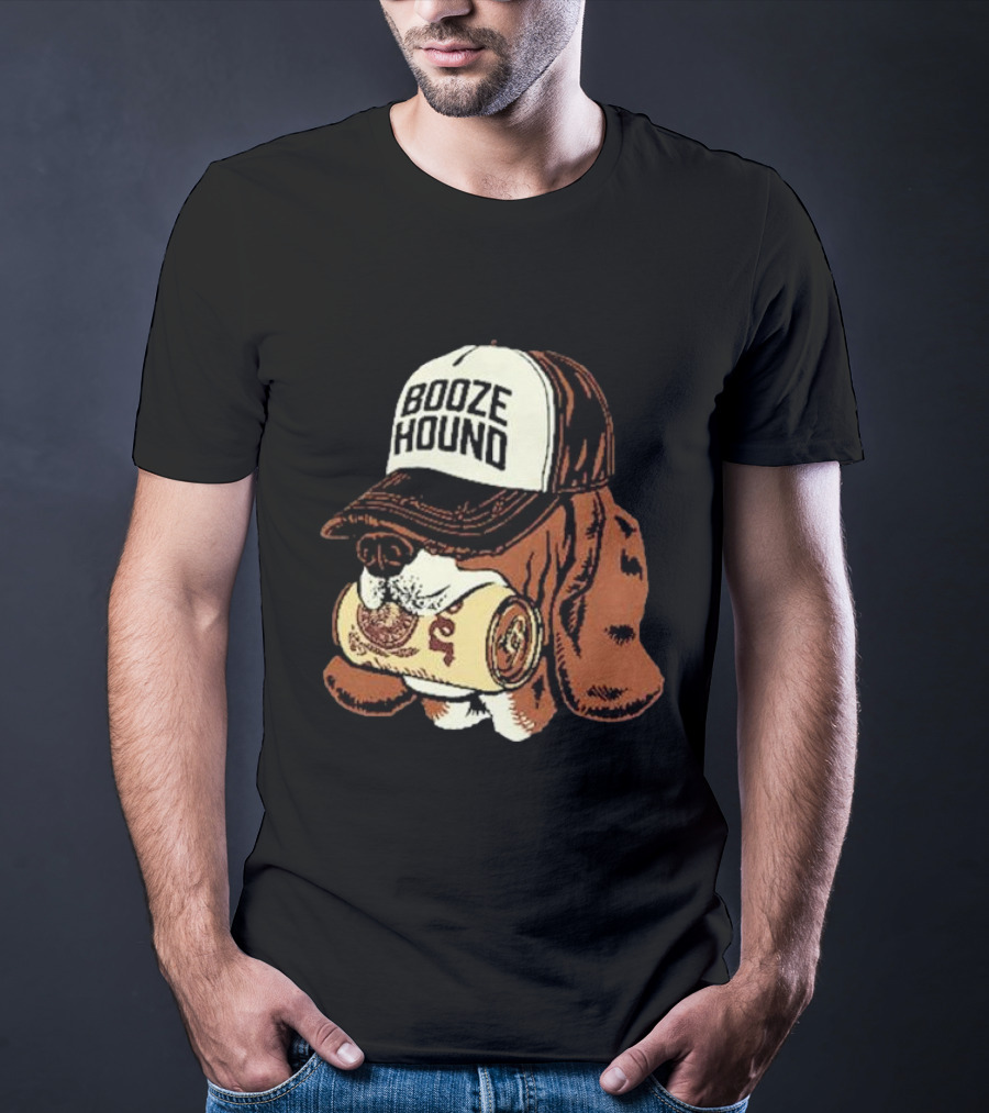 Booze Hound Dog Wearing Cap Holding Beer Can T-Shirt