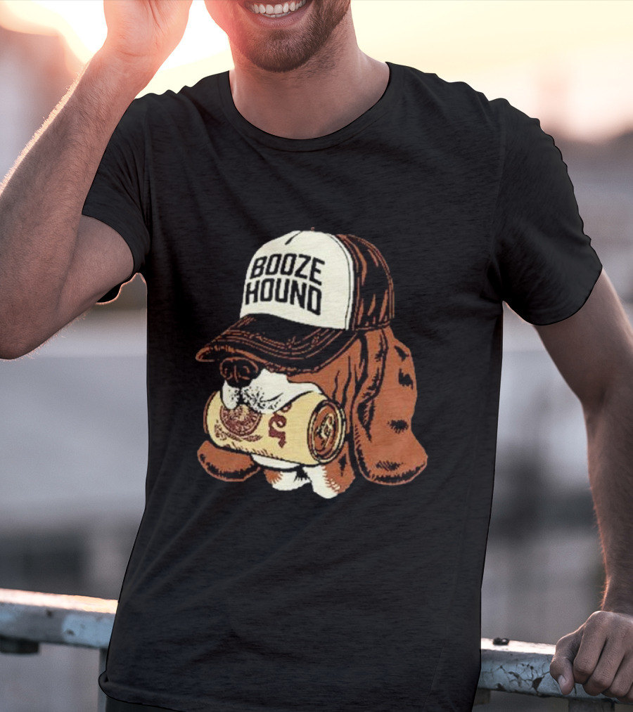 Booze Hound Dog Wearing Cap Holding Beer Can T-Shirt