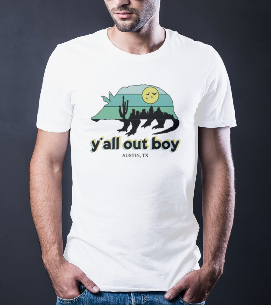 Y'all Out Boy Armadillo Austin TX Blue Gold Cactus Moon Skyline T-Shirt