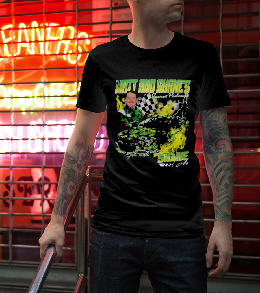 Matt And Shane's Secret Podcast Racing Theme With Flames And Checkered Flag T-Shirt
