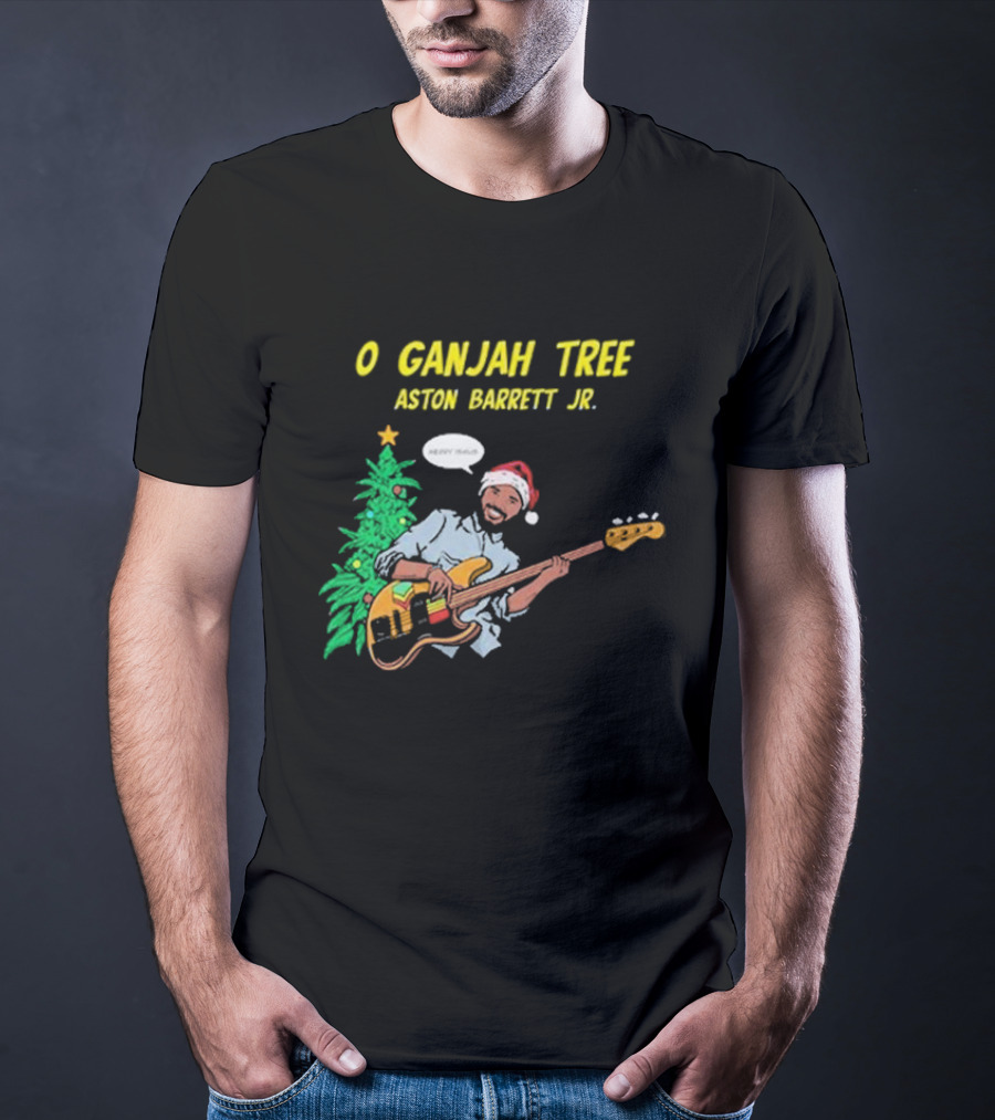 O Ganjah Tree Holiday Christmas Aston Barrett Jr Santa Hat Playing Guitar T-Shirt