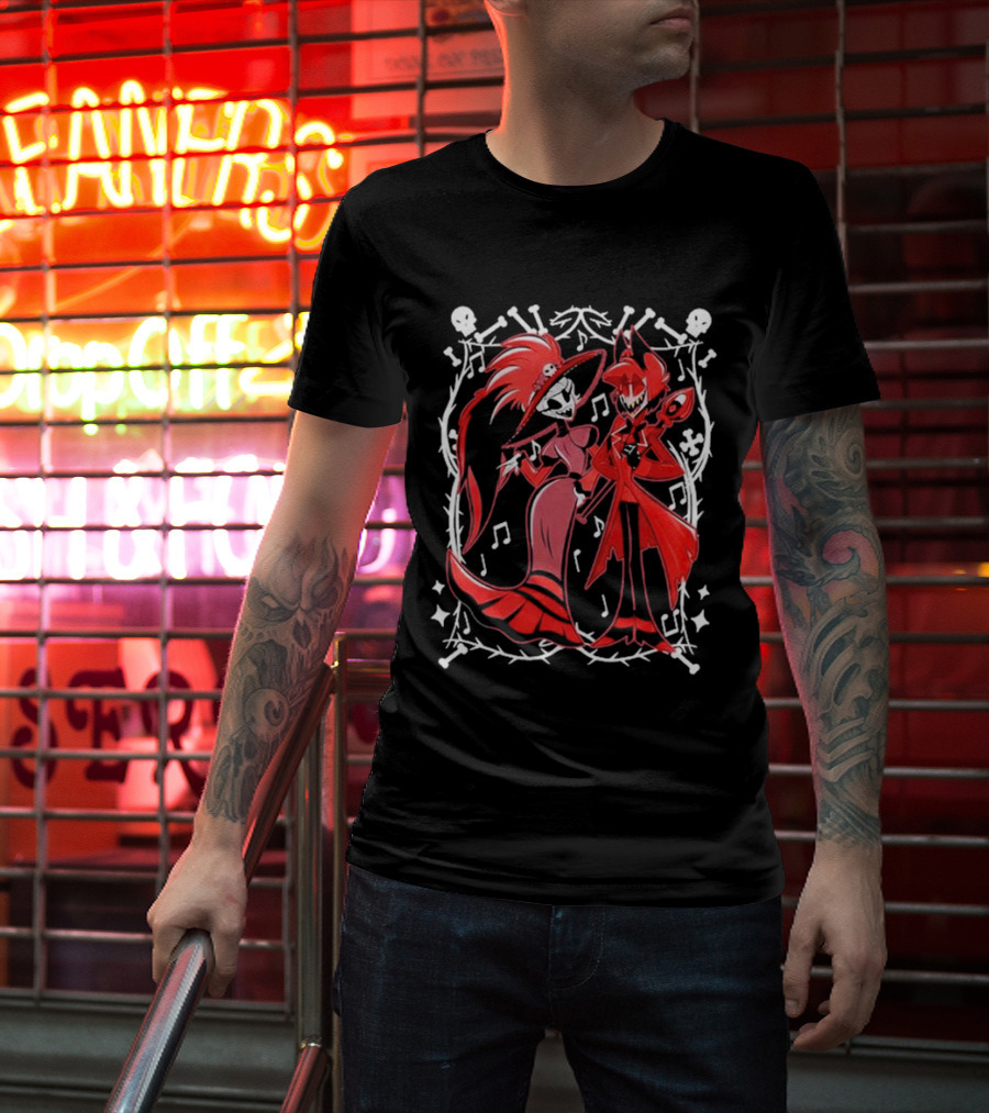 Hazbin Hotel Rosie And Alastor With Musical Notes And Skull Border T-Shirt