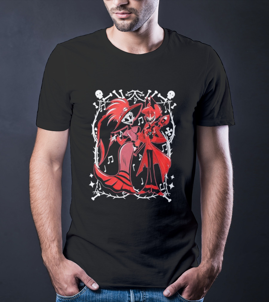 Hazbin Hotel Rosie And Alastor With Musical Notes And Skull Border T-Shirt