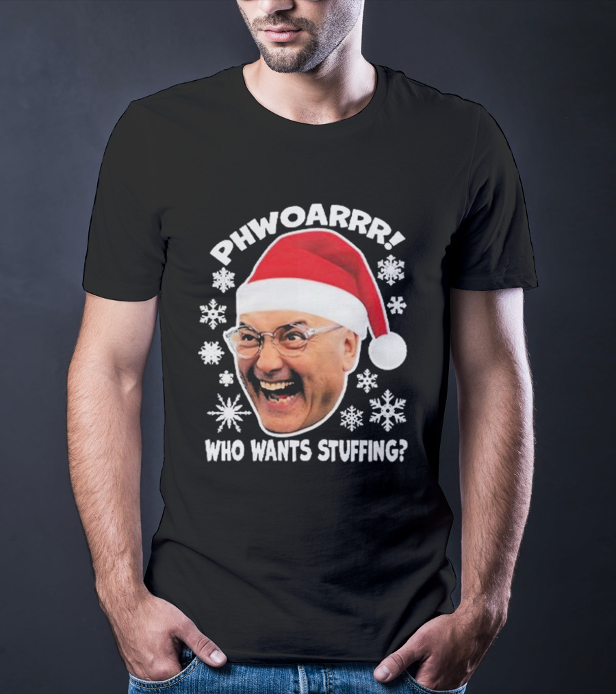 Phwoarrr Gregg Wallace Who Wants Stuffing Snowflakes Santa Hat T-Shirt