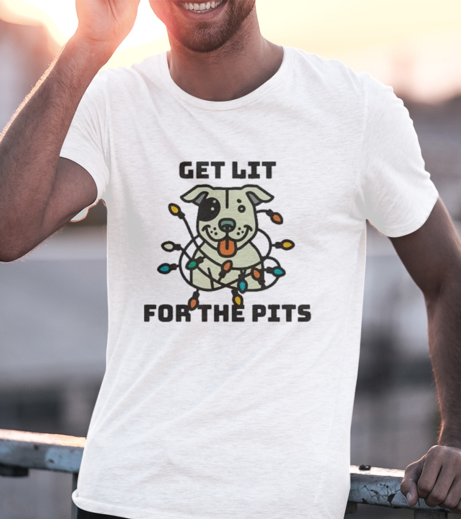 Get Lit For The Pits Holiday Fundraiser With Festive Dog And Colorful Lights T-Shirt