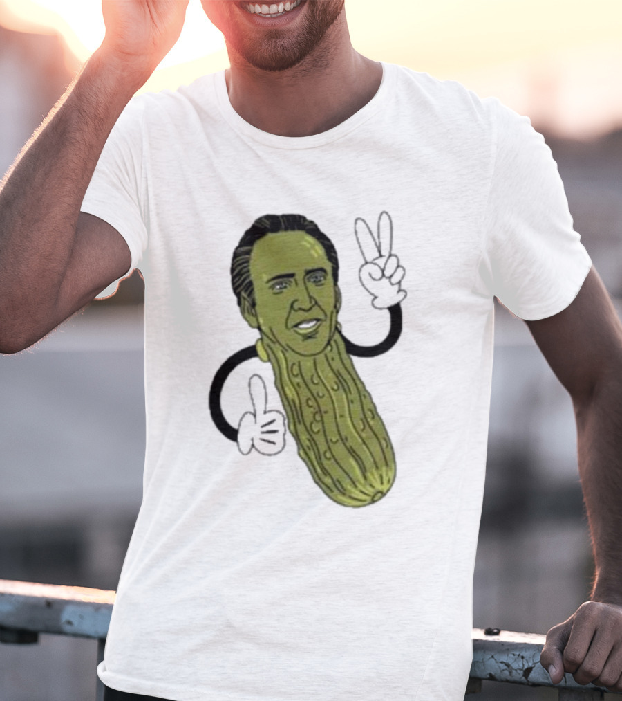 Picolas Cage Nick Cage Pickle Character With Peace Sign Christmas T-Shirt