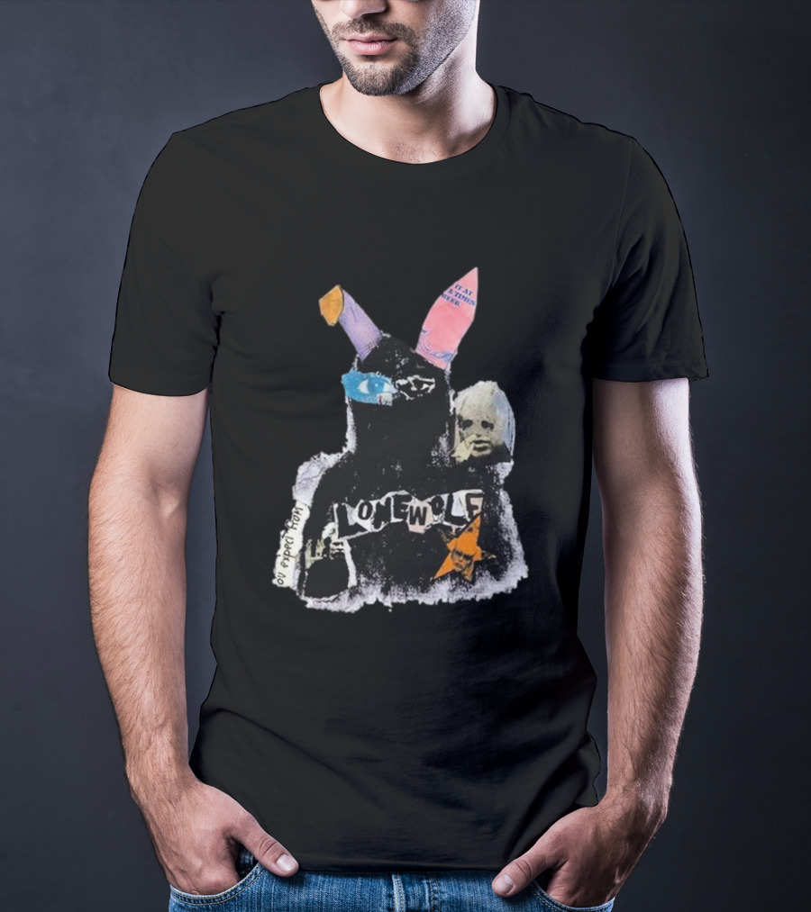 Lonewolf Bunn Psychedelic Collage With Earpiece Text And Star Elements T-Shirt