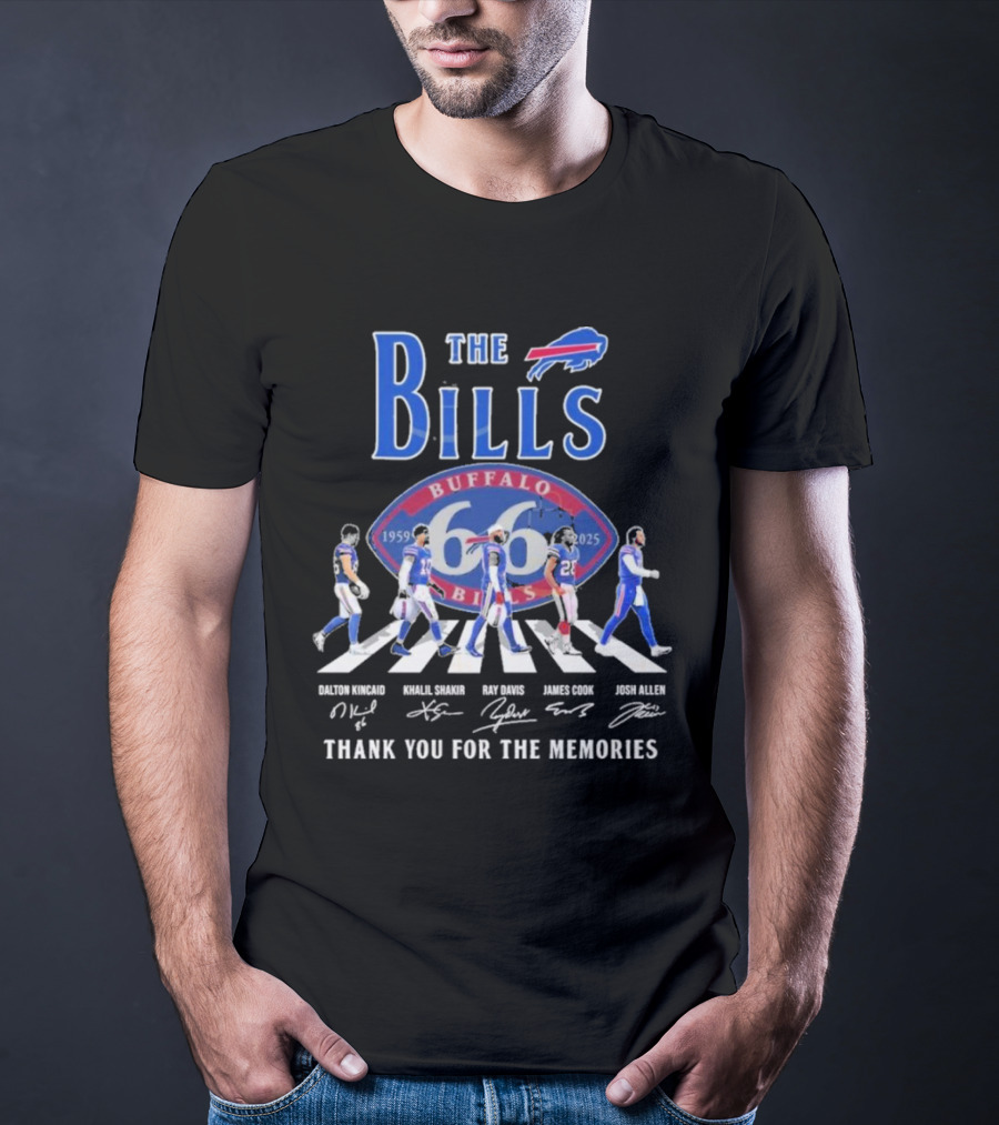 Buffalo Bills 66 Year 1959-2025 Signature Thank You For The Memories Dalton Kincaid Khalil Shakir Ray Davis James Cook Josh Allen T-Shirt