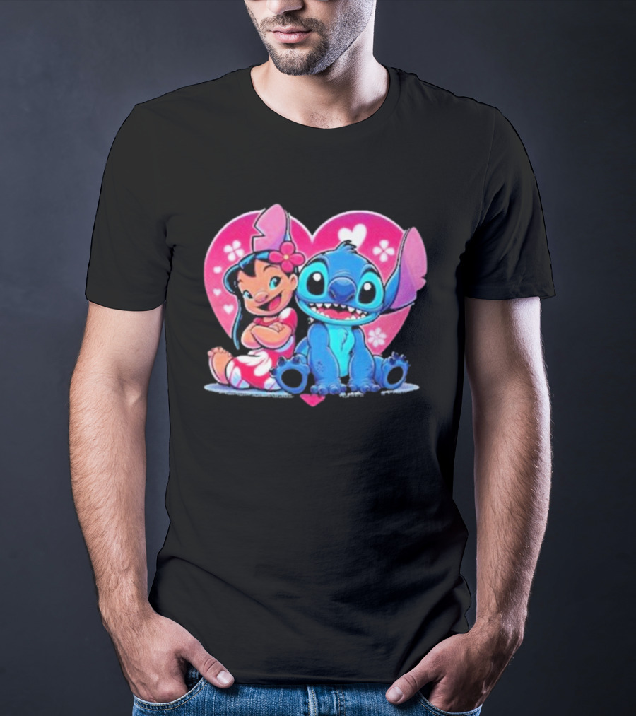 Lilo And Stitch Heart Background Pink Flower Ears Cute Characters T-Shirt