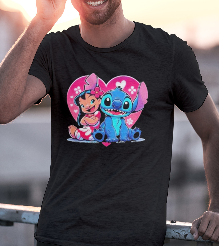 Lilo And Stitch Heart Background Pink Flower Ears Cute Characters T-Shirt