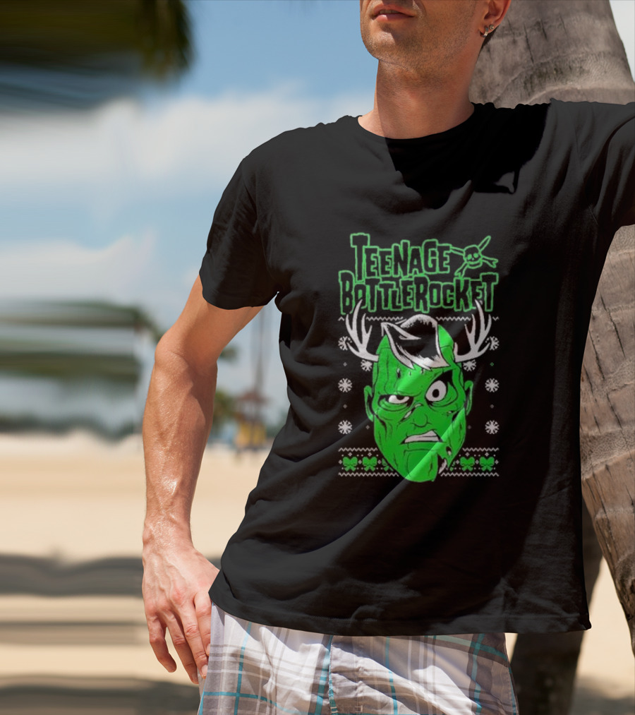 Teenage Bottlerocket Green Grumpy Face With Antlers Snowflakes Skulls Christmas T-Shirt