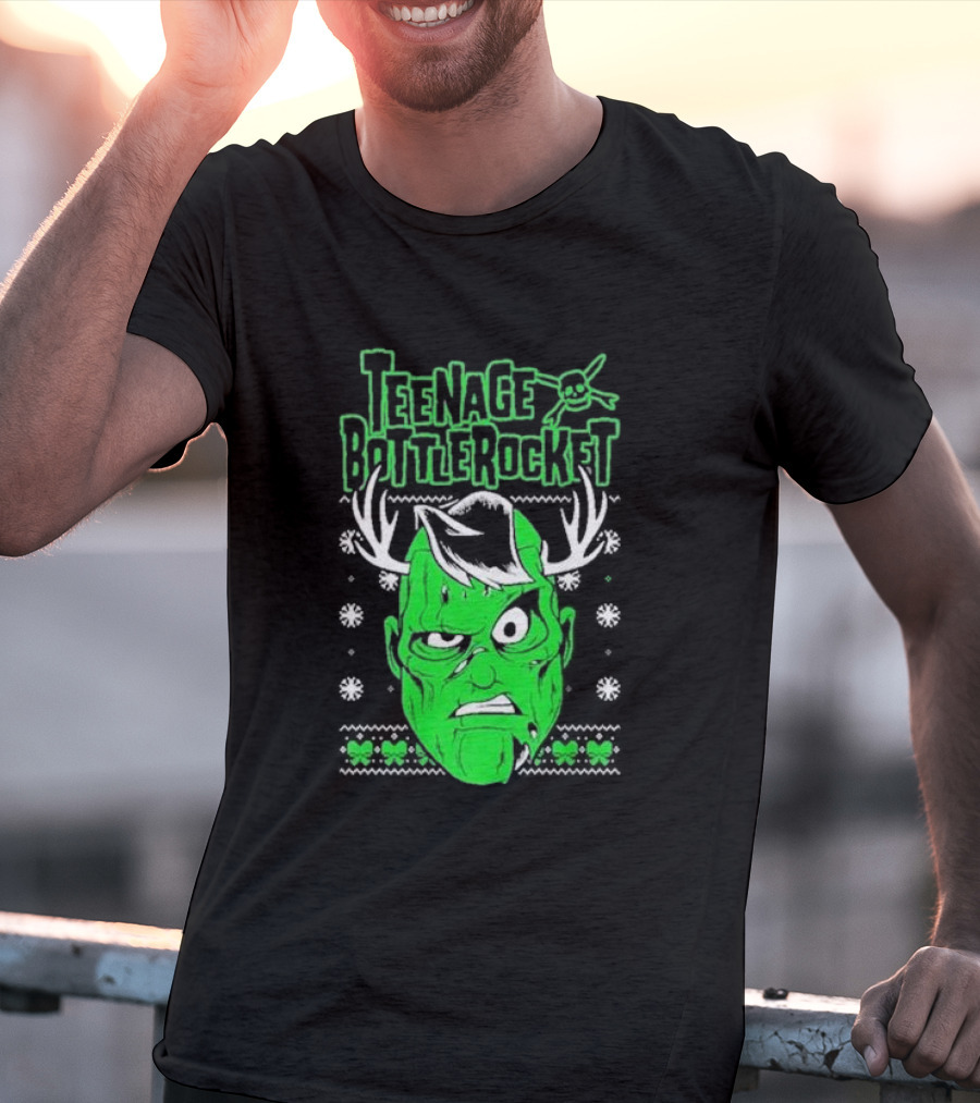 Teenage Bottlerocket Green Grumpy Face With Antlers Snowflakes Skulls Christmas T-Shirt