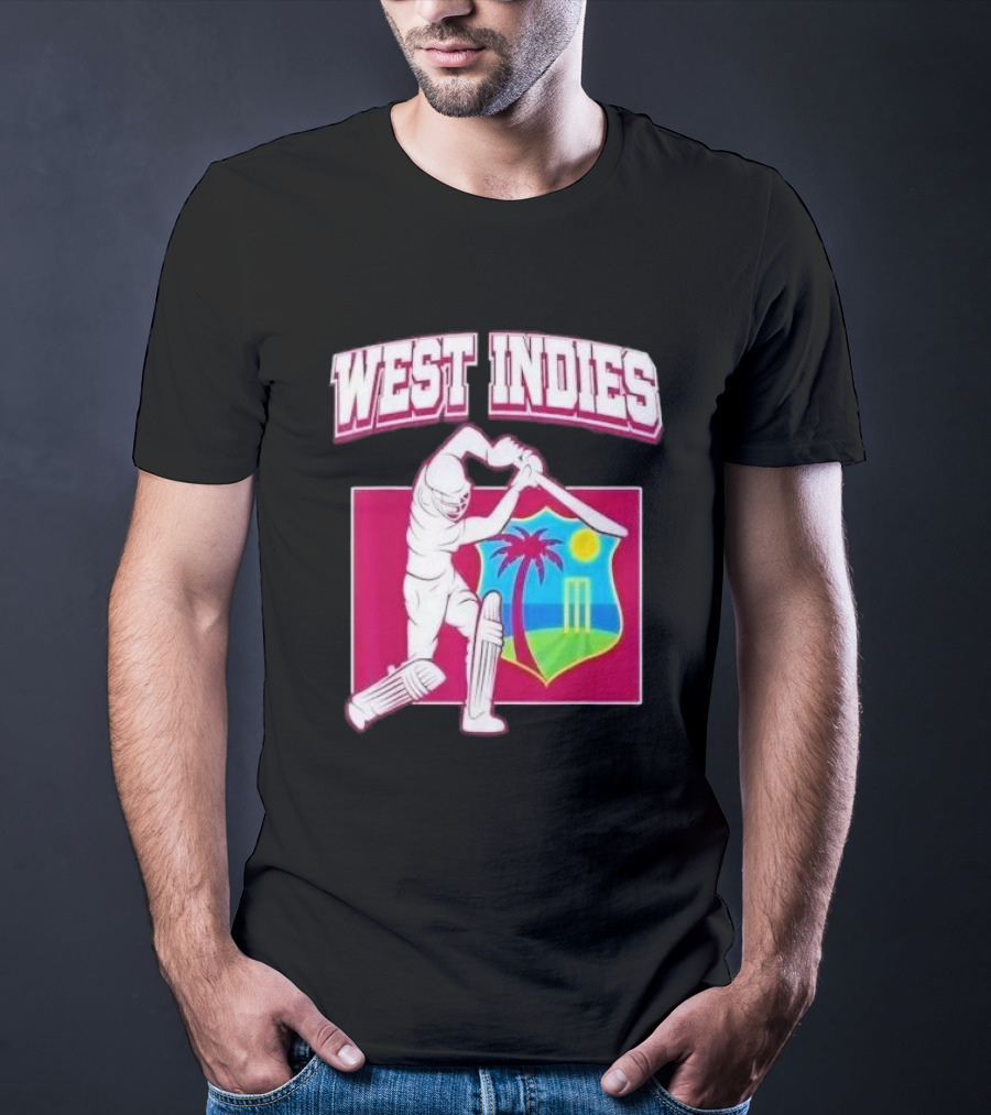 West Indies Cricket Windies Logo Batsman Palm Tree Stumps Sun Crest T-Shirt