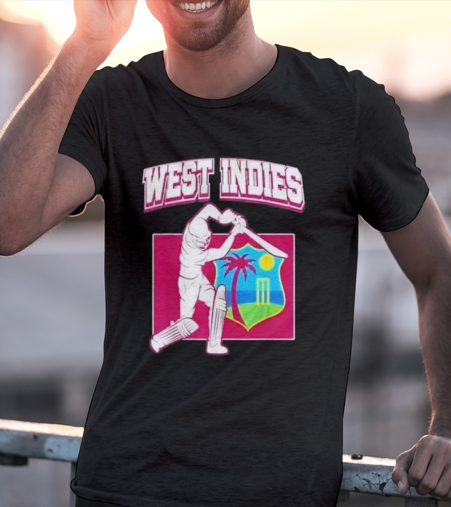 West Indies Cricket Windies Logo Batsman Palm Tree Stumps Sun Crest T-Shirt