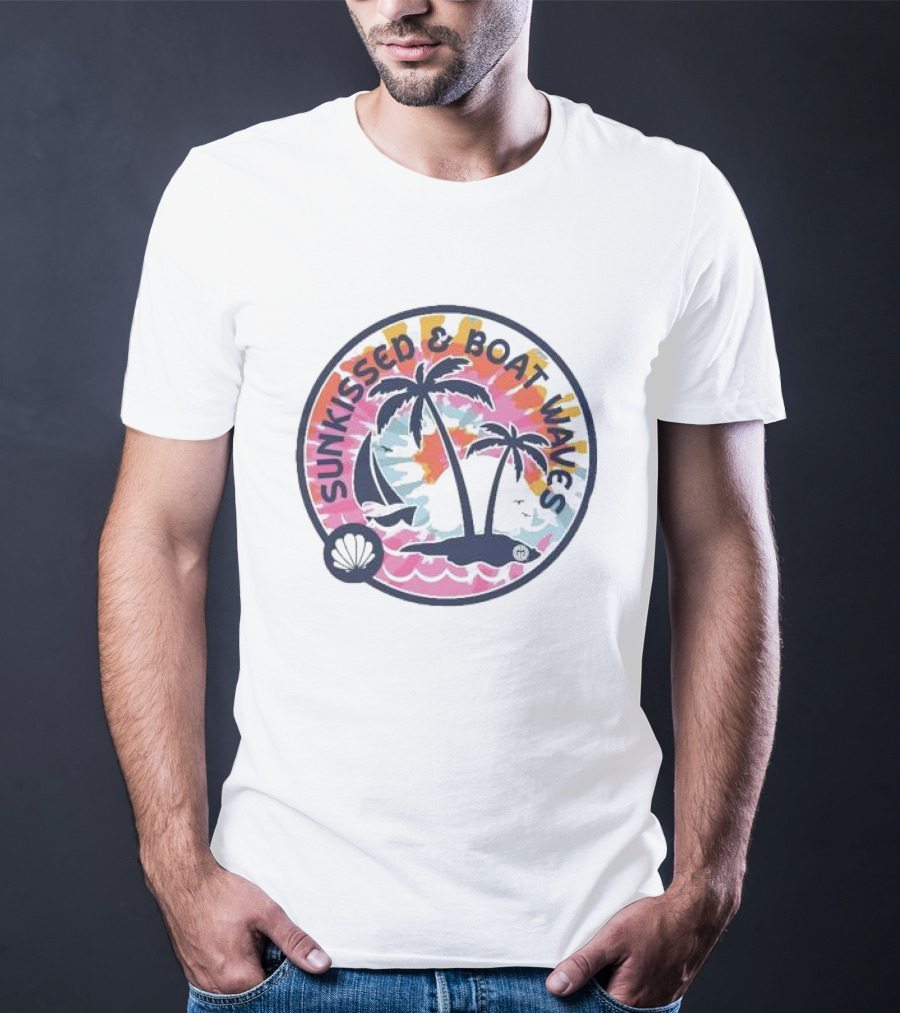 Sunkissed And Boat Waves Palm Trees Shell Sailboat Colorful Circle Emblem T-Shirt