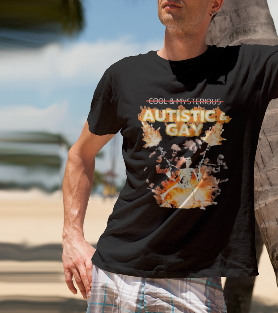 Autistic And Gay Skeleton With Explosive Background T-Shirt