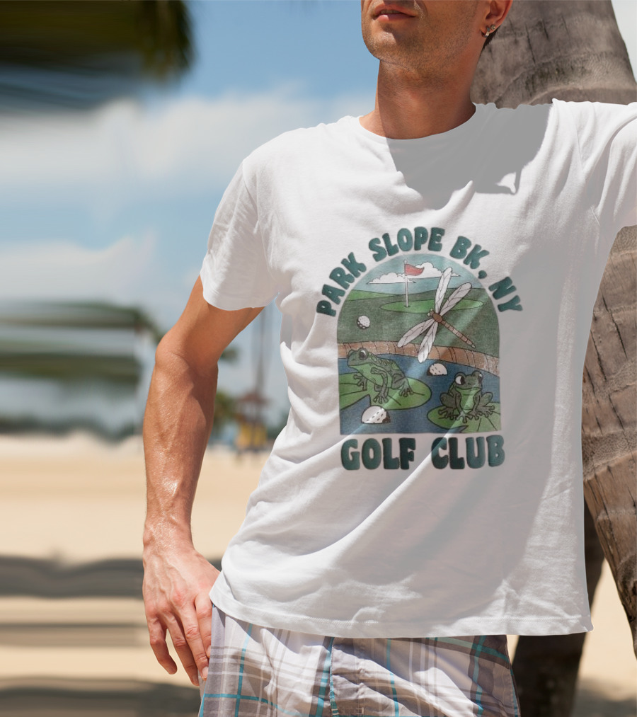 Park Slope BK NY Golf Club Frog And Dragonfly On Golf Course Lily Pads In Pond T-Shirt
