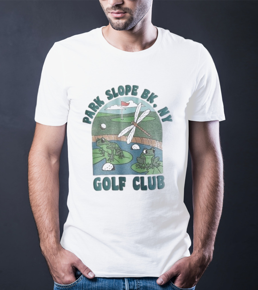 Park Slope BK NY Golf Club Frog And Dragonfly On Golf Course Lily Pads In Pond T-Shirt