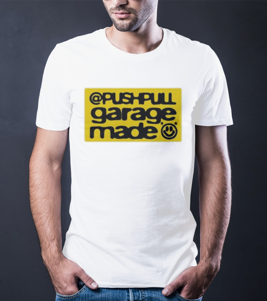 Pushpull Garage Made Smiley Face Yellow Background T-Shirt