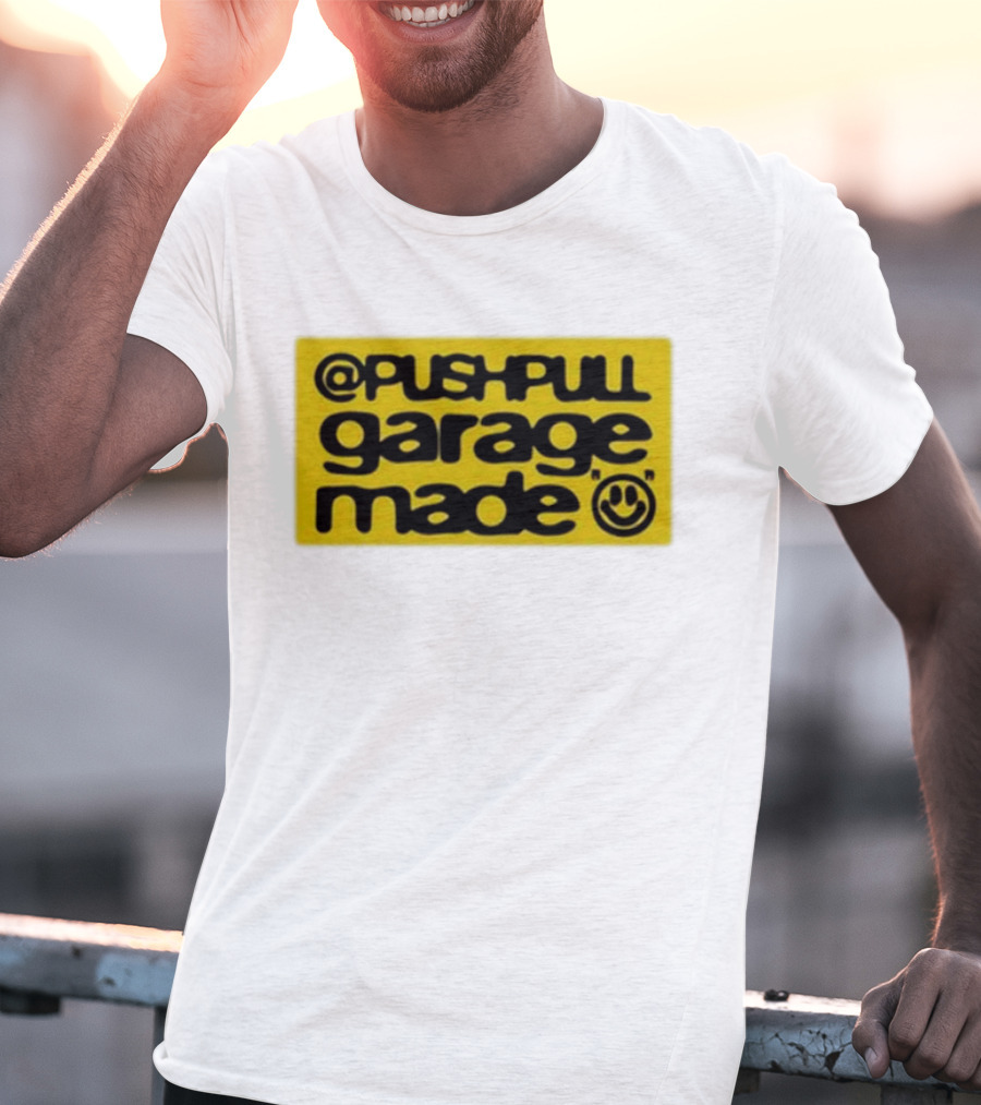 Pushpull Garage Made Smiley Face Yellow Background T-Shirt