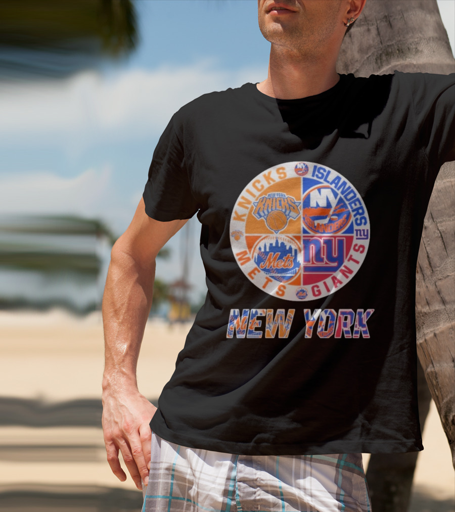 New York Knicks Mets Giants Islanders Logos Circle NYC Sports Teams T-Shirt