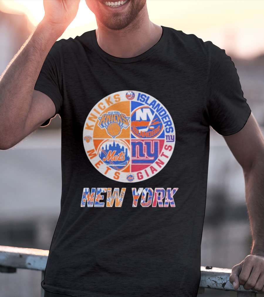 New York Knicks Mets Giants Islanders Logos Circle NYC Sports Teams T-Shirt