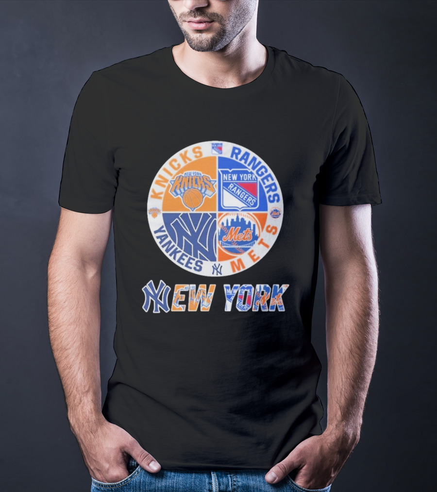 Knicks Rangers Yankees Mets New York Circle Logo Collaboration T-Shirt