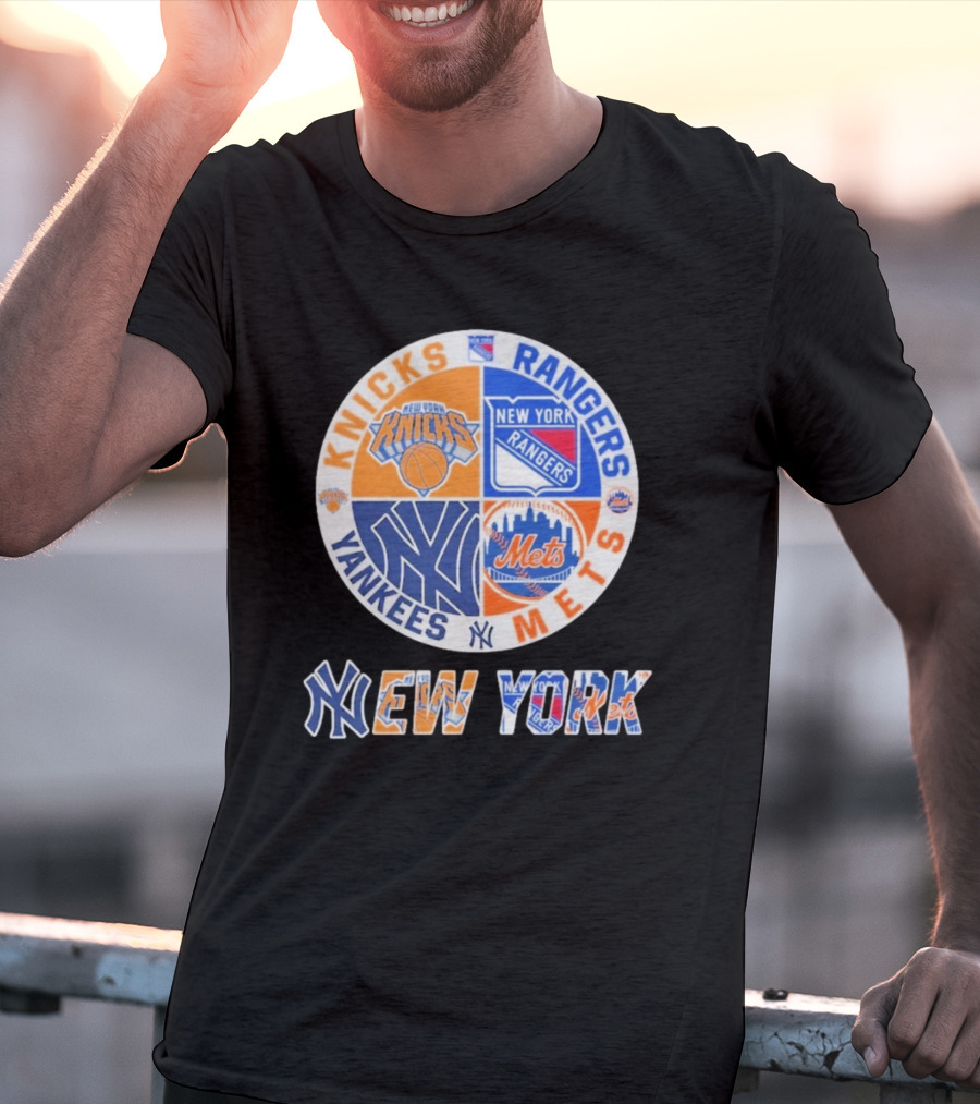 Knicks Rangers Yankees Mets New York Circle Logo Collaboration T-Shirt