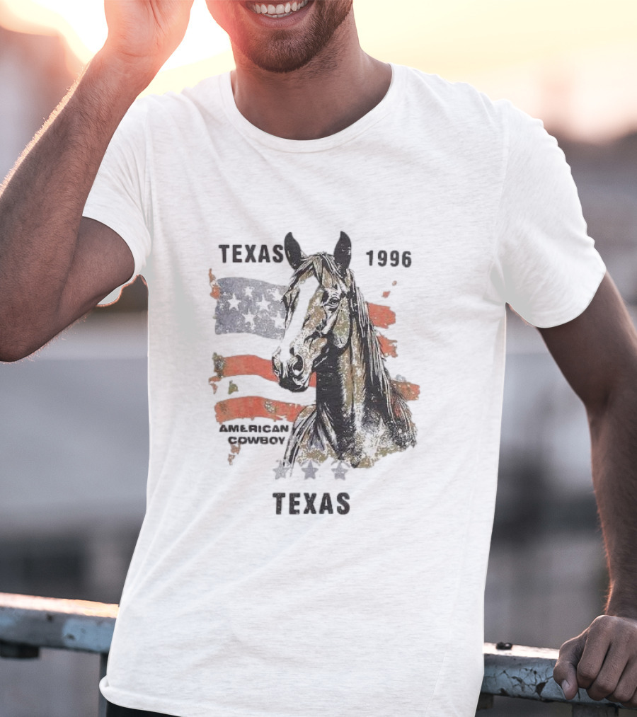 Texas 1996 American Cowboy Horse With Stars And Stripes Flag T-Shirt