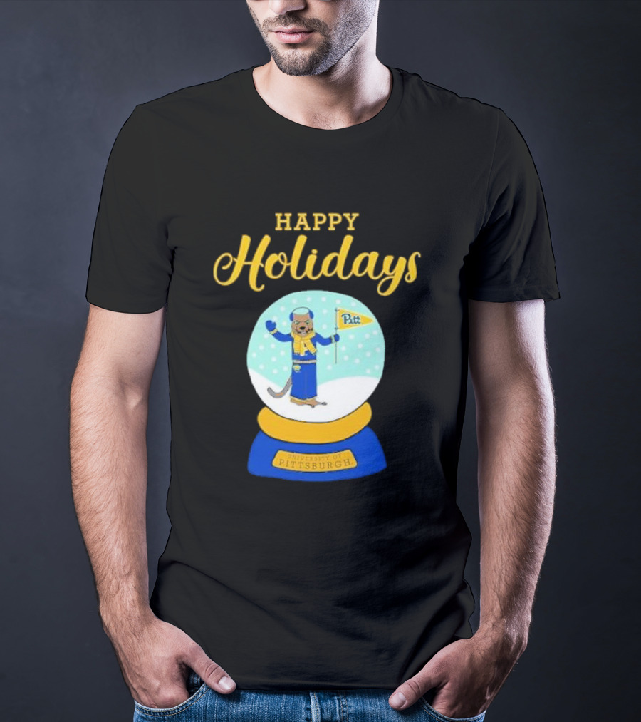 University Of Pittsburgh Pitt Roc Snow Globe Happy Holidays T-Shirt