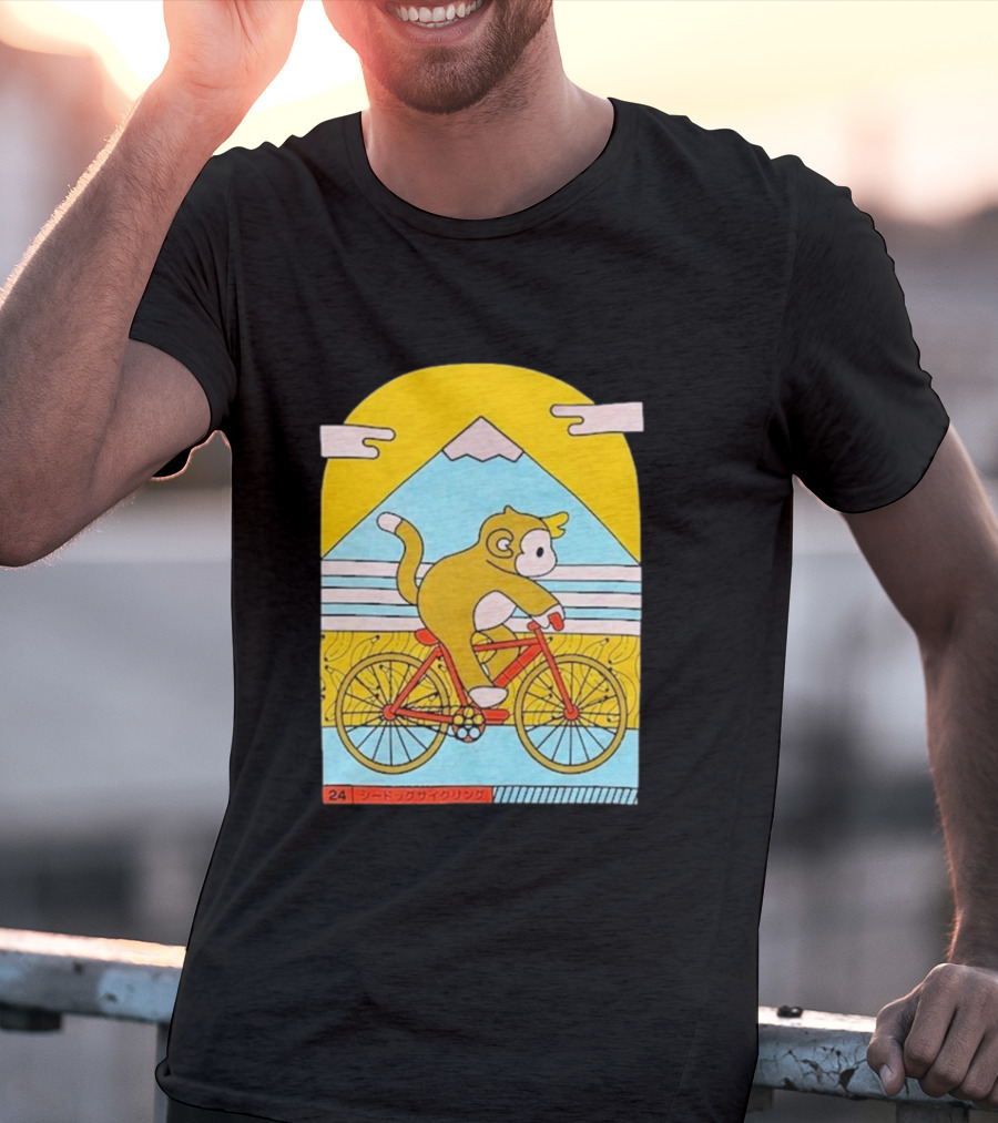 CDAWGVA Cycle Pullover Monkey Riding Bike With Mountain Background T-Shirt